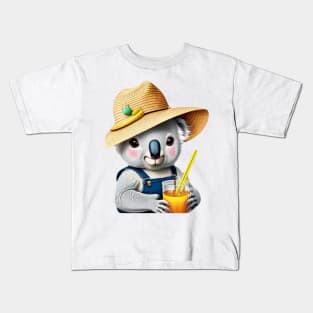 Chill Koala Vibes: Overalls, Straw Hat, and Soda Sips! Kids T-Shirt